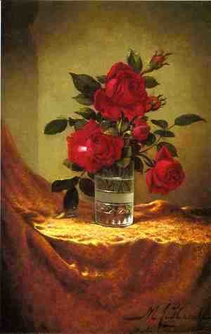 Martin Johnson Heade - A Glass Of Roses On Gold Cloth