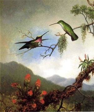 Martin Johnson Heade - Amethyst Hummingbirds And Red Flowers
