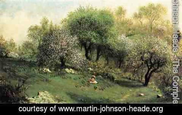 Martin Johnson Heade - Girl On A Hillside  Apple Blossoms