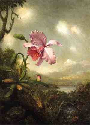Martin Johnson Heade - Hummingbird And Orchid Sun Breaking Through The Clouds