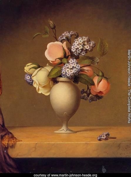 Roses And Heliotrope In A Vase On A Marble Tabletop