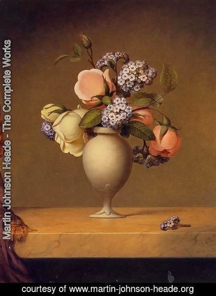 Martin Johnson Heade - Roses And Heliotrope In A Vase On A Marble Tabletop