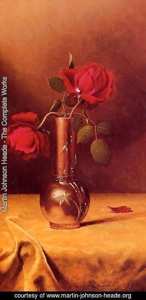 Martin Johnson Heade - Two Red Roses In A Bronze Vase