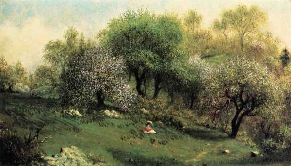 Girl On A Hillside  Apple Blossoms by Martin Johnson Heade