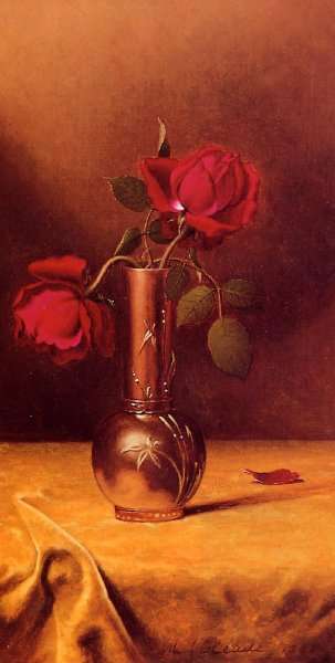 Two Red Roses In A Bronze Vase by Martin Johnson Heade