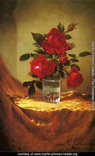 A Glass Of Roses On Gold Cloth