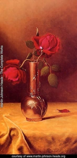 Two Red Roses In A Bronze Vase