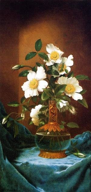Martin Johnson Heade - White Cherokee Roses In A Salamander Vase
